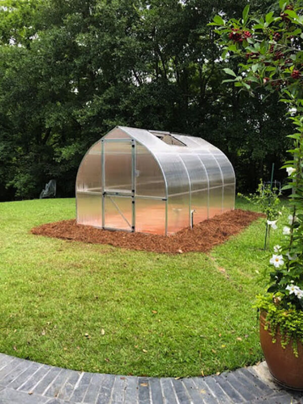 Riga-4-Polycarbonate-Greenhouse shown with an in-ground attachable foundation frame.