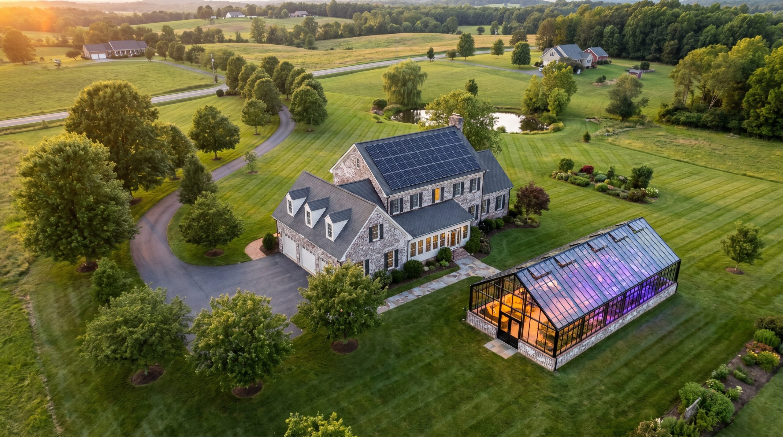 HBGreenhouses LLC The Gigant 3D design render — Aerial Golden Hour — Custom Janssens Gigant Virginia