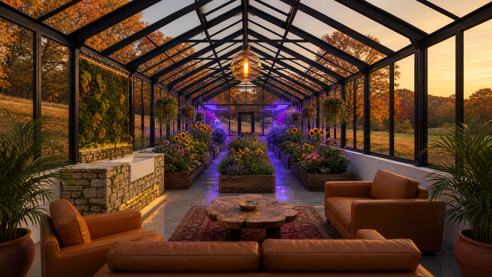 HBGreenhouses LLC The Gigant 3D design render — Interior Lounge Golden Hour — Custom Janssens Gigant Virginia